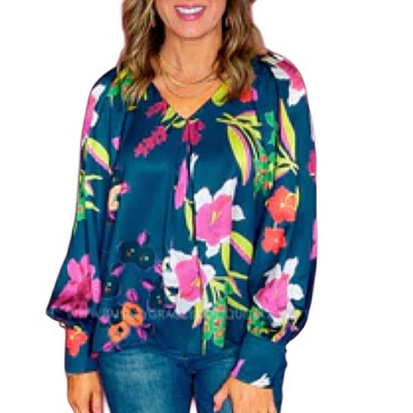 ENTRO Floral V-Neck Puff Lantern Sleeve Blouse Top EUC - Picture 1 of 11